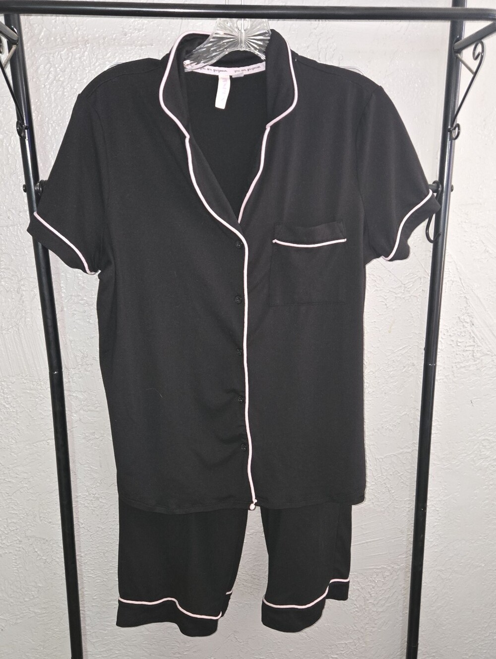 Joyspun Black Short Sleeve Pajama Set with Pink Trim - Women